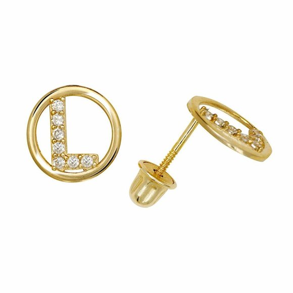 14K Solid Yellow Gold 8mm Letter Initial Halo CZ Stud Alphabet Earrings - Picture 13 of 15